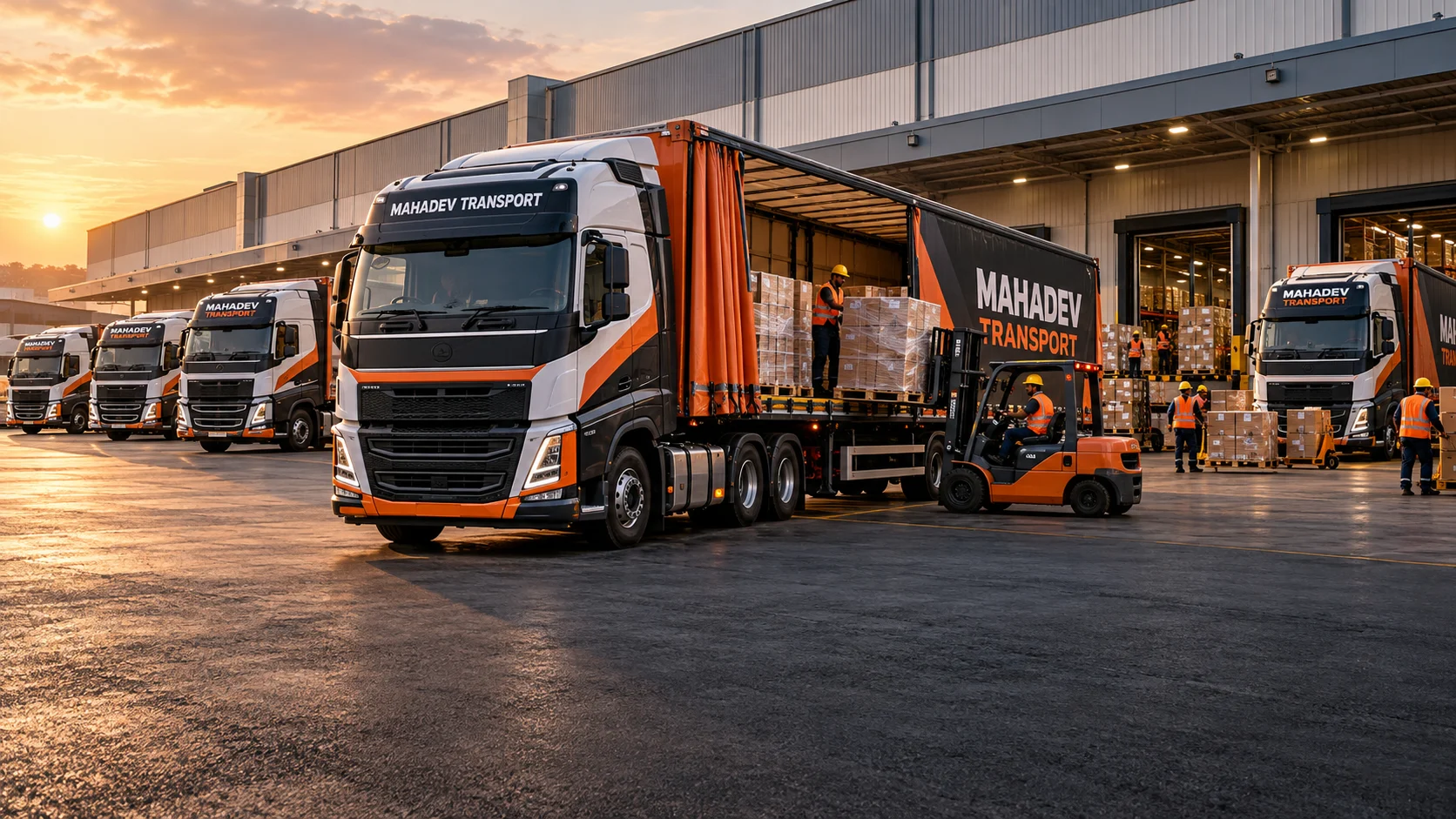 Premium Mahadev Transport trucks at a warehouse, with a forklift and crew loading pallets into an open trailer.
